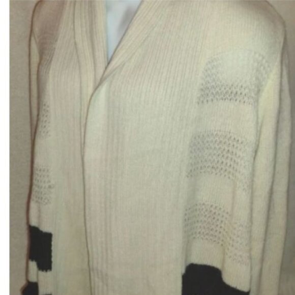 DAISY FUENTES long cardigan knit Sweater, white w/ blue stripes in size Medium - Picture 2 of 6